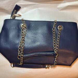 Anne Fontaine Navy Blue Floral Cut Out Leather Detail Handbag